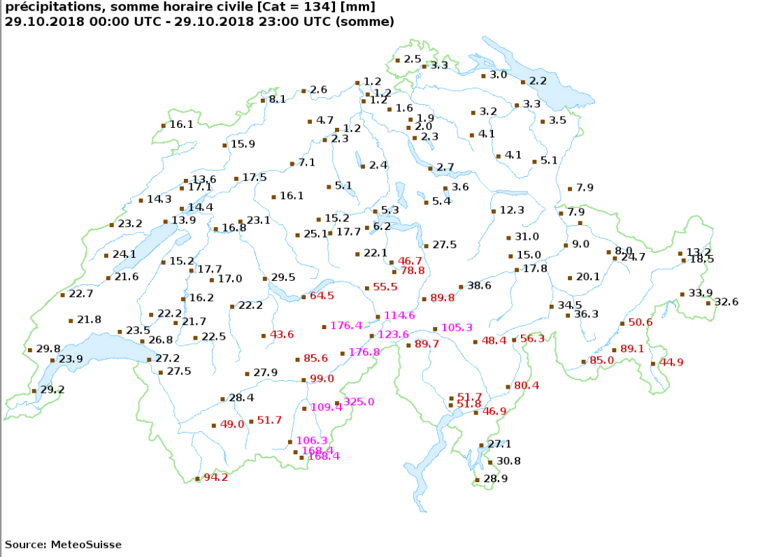 Les quantités de pluie prévues dans la journée du lundi 29 octobre. [MétéoSuisse]