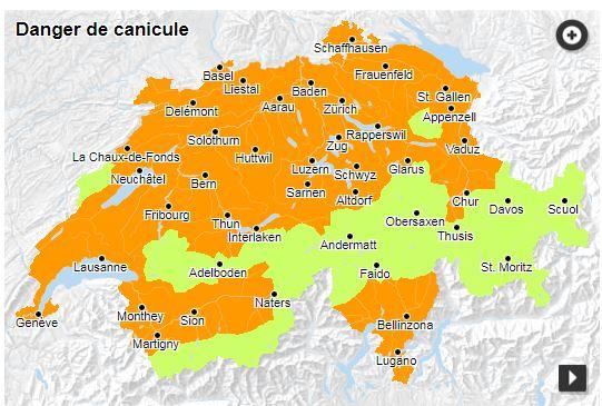 En orange, le danger est de 3 sur 5, soit marqué. Les températures maximales atteindront 31 à 35 degrés jusqu'en fin de semaine. [admin.ch - Portail des dangers naturels]