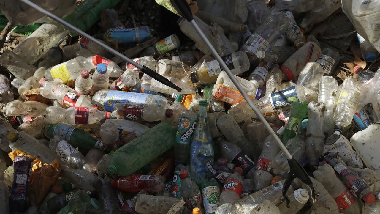Des bénévoles trient des bouteilles en plastique sur les rives de la Tamise à Londres, en septembre 2018. [AP - MATT DUNHAM]