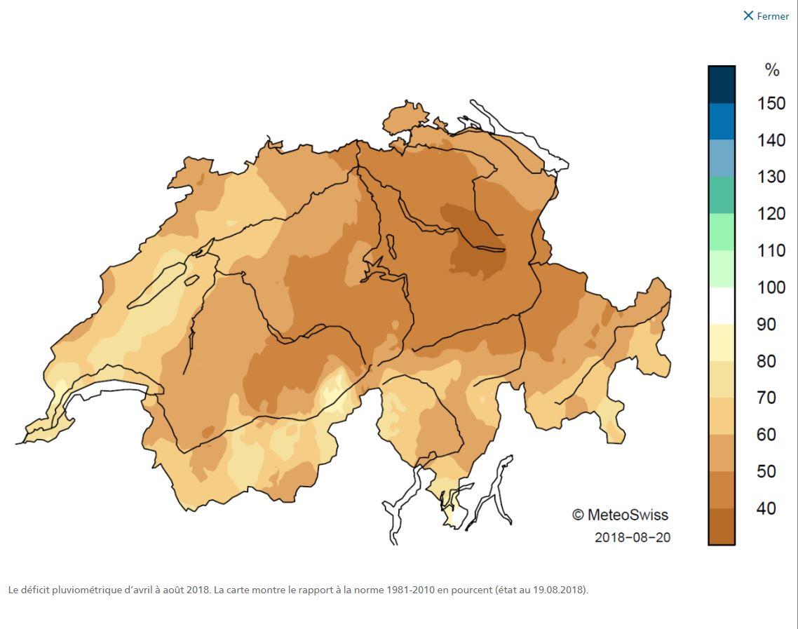 Le déficit pluviométrique d’avril à août 2018. La carte montre le rapport à la norme 1981-2010 en pourcent (état au 19.08.2018). [MeteoSwiss]