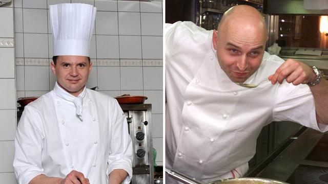 Les chefs Franck Giovannini et Philippe Chevrier rendent hommage à Paul Bocuse. [Keystone - Dominic Favre / Laurent Gillieron]