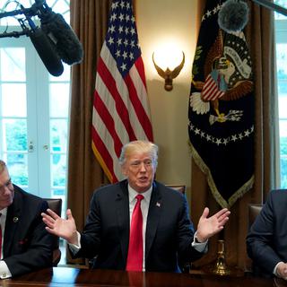 Donald Trump, entouré de directeurs d'entreprise actives dans l'acier et l'aluminium, lors d'une conférence de presse à la Maison Blanche. [Reuters - Kevin Lamarque]