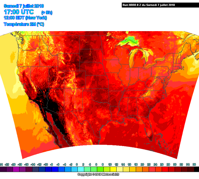 Les températures au sol aux Etats-Unis le 7 juillet 2018. [Meteociel.fr]