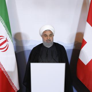 Le président iranien Hassan Rohani, en conférence de presse le 3 juillet 2018 à Berne. [Keystone - Peter Klaunzer]