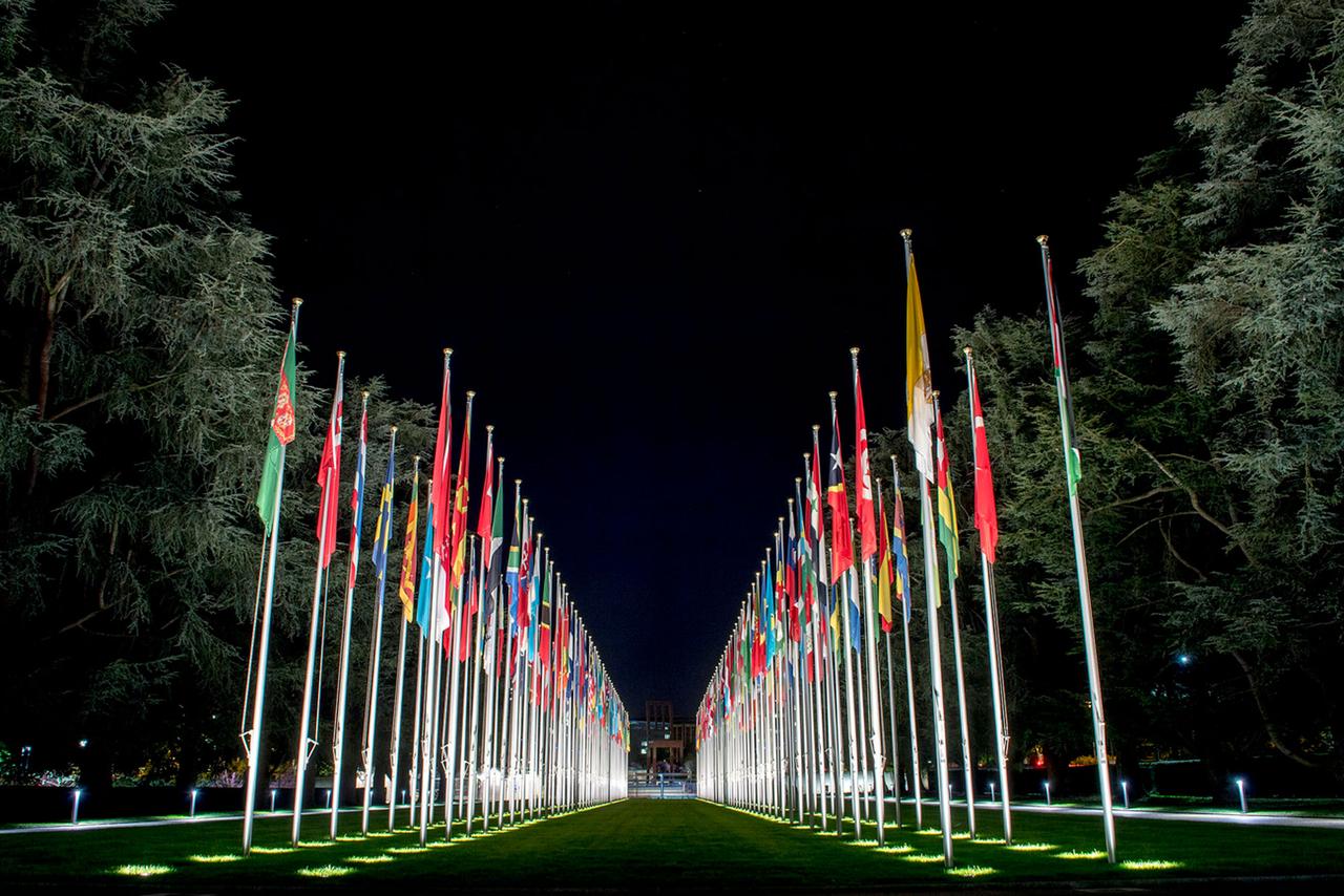 La double haie de drapeaux qui mène au Palais des Nations [Keystone - Martial Trezzini]