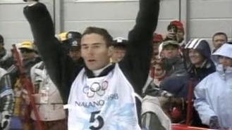 Gian Simmen exultant pour sa victoire à Nagano en 1998. [RTS]