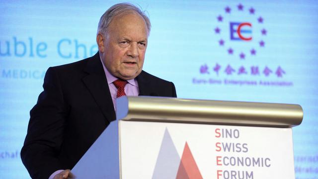 Johann Schneider-Ammann devant le Forum économique sino-suisse à Pékin, 06.09.2018. [Keystone - Mark Schiefelbein]