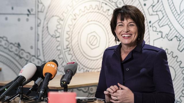 Doris Leuthard s'est réjouie des objectifs atteints lors de son mandat au Conseil fédéral. [Keystone - Peter Schneider]