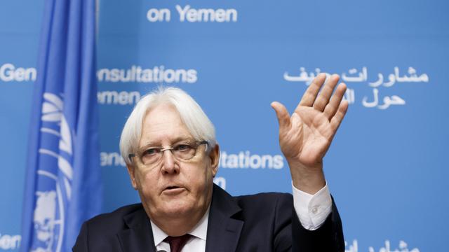 L'envoyé spécial des Nations unies pour le Yémen, Martin Griffiths, lors d'un point de presse à Genève samedi. [Keystone - Salvatore Di Nolfi]