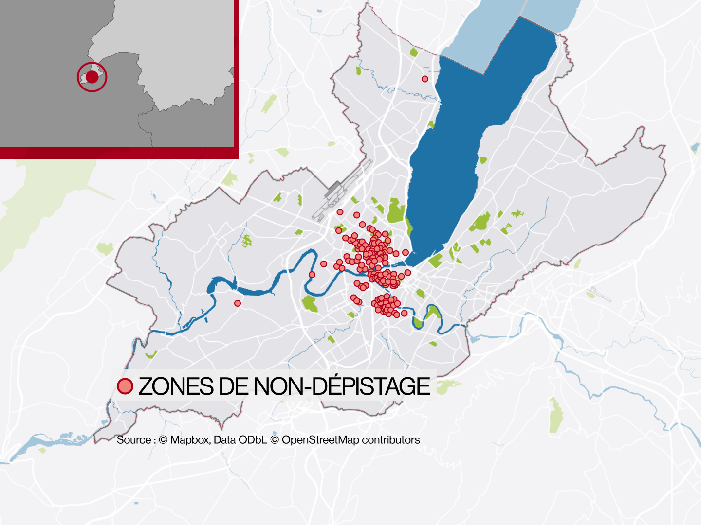 La carte des zones de non-dépistage du cancer du sein à Genève, élaborée dans le sillage de l'étude des HUG et de l'EPFL. [Mapbox, Data ODbl, OpenStreetMap contributors]
