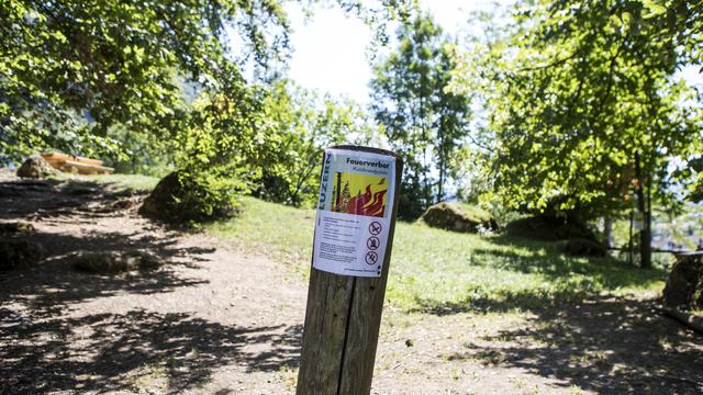 Face au risque élevé d'incendie, il est désormais interdit de faire du feu en forêt ou à proximité dans tous les cantons à l'exception de Fribourg, Vaud et Neuchâtel. [Keystone - Alexandra Wey]