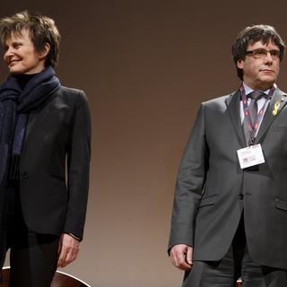 Micheline Calmy-Rey et Carles Puigdemont à Genève, 18.03.2018. [Keystone - Salvatore Di Nolfi]