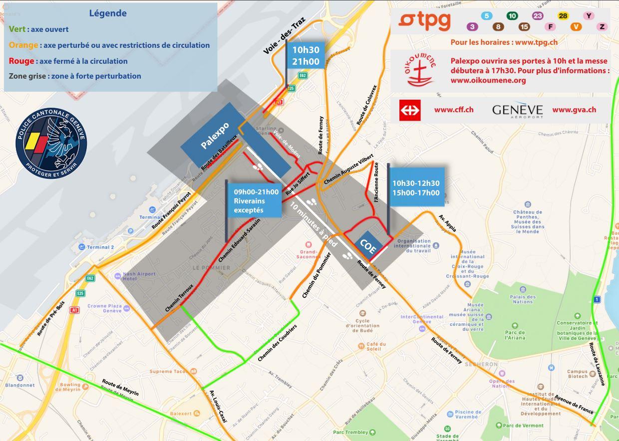 La carte des routes fermées ou restreintes à la circulation à Genève le jour de la visite du Pape. [Police cantonale genevoise]