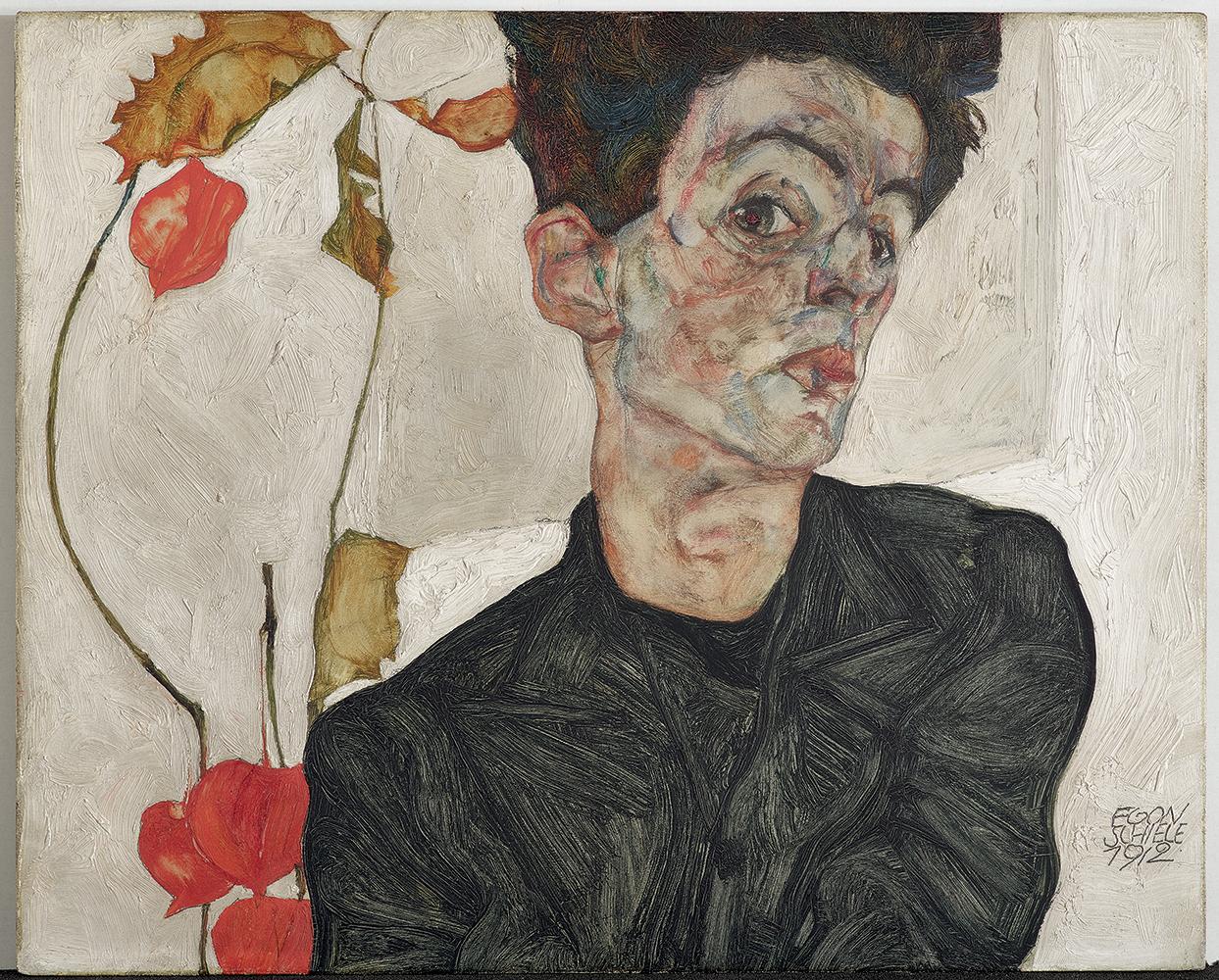 Egon Schiele, Autoportrait au coqueret, 1912. [Fondation Louis Vuitton - © Leopold Museum, Vienne]