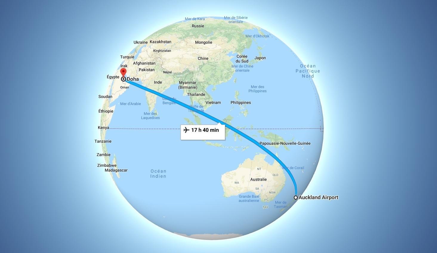 L'itinéraire du vol sans escale le plus long au monde, qui relie entre Doha et Auckland. [Google]