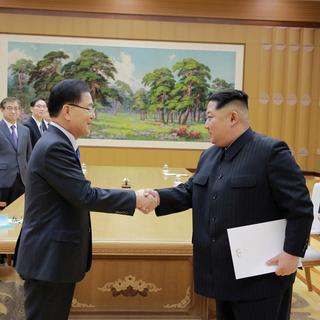 Poignée de main entre Kim Jong Un et un membre de la déléguation sud-coréenne. [Agence nord-coréenne KNCA]