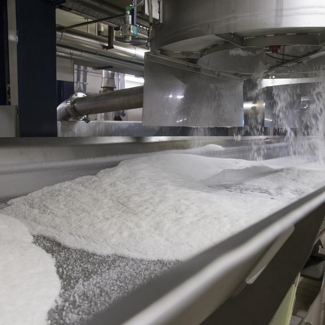 Du sucre sur une chaîne de production à l'usine d'Aarberg (BE). [Keystone - Peter Klaunzer]
