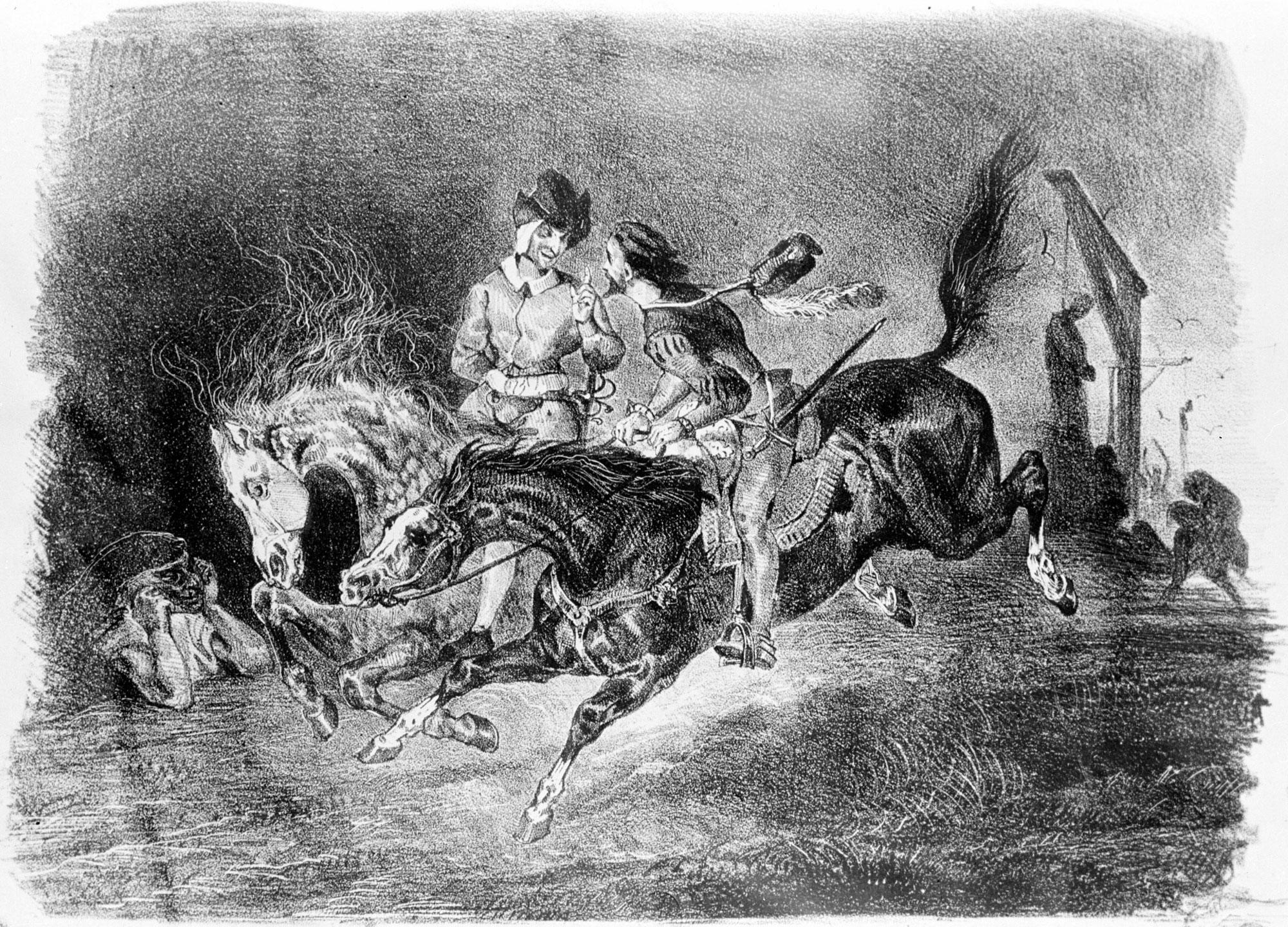 La chevauchée de Faust et Méphistophélès. Illustration pour "Faust" de Goethe. Lithographie d'Eugène Delacroix (1828). [AFP]