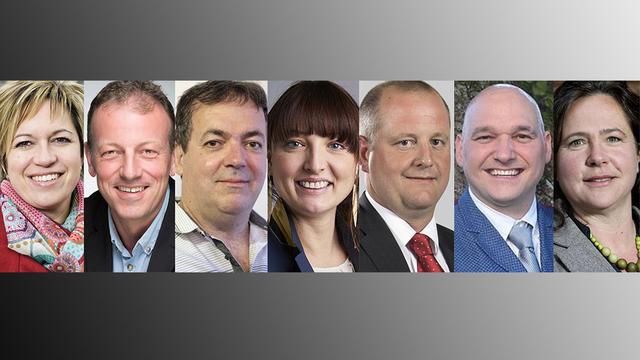 Les sept candidats à la succession de Marie Garnier au Conseil d'Etat fribourgeois: Valérie Piller Carrard, Didier Castella, Claudio Rugo, Maya Dougoud, Ruedi Schläfli, Philippe Nahum et Sylvie Bonvin-Sansonnens. [DR]