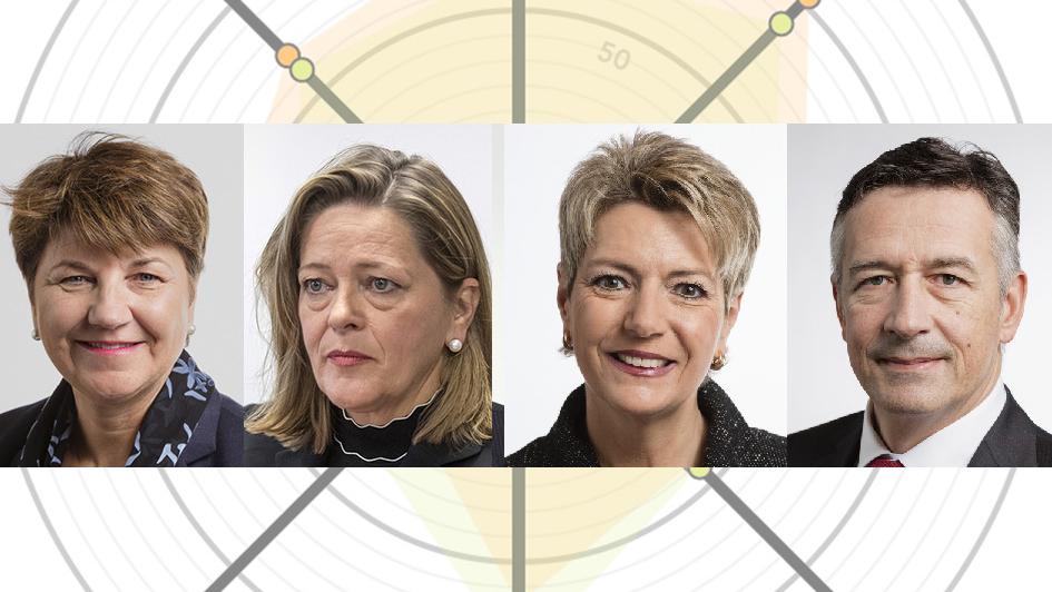 Les quatre candidats au Conseil fédéral Viola Amherd, Heidi Z'graggen, Karin Keller-Sutter et Hans Wicki. [Keystone]