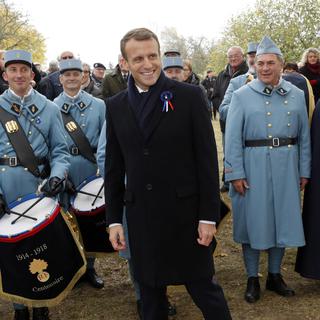 Lundi 5 novembre: Emmanuel Macron sur le site de Morhange pour les commémorations du centenaire de la fin de la Première Guerre mondiale. [Keystone - Philippe Wojazer/Pool Photo via AP]