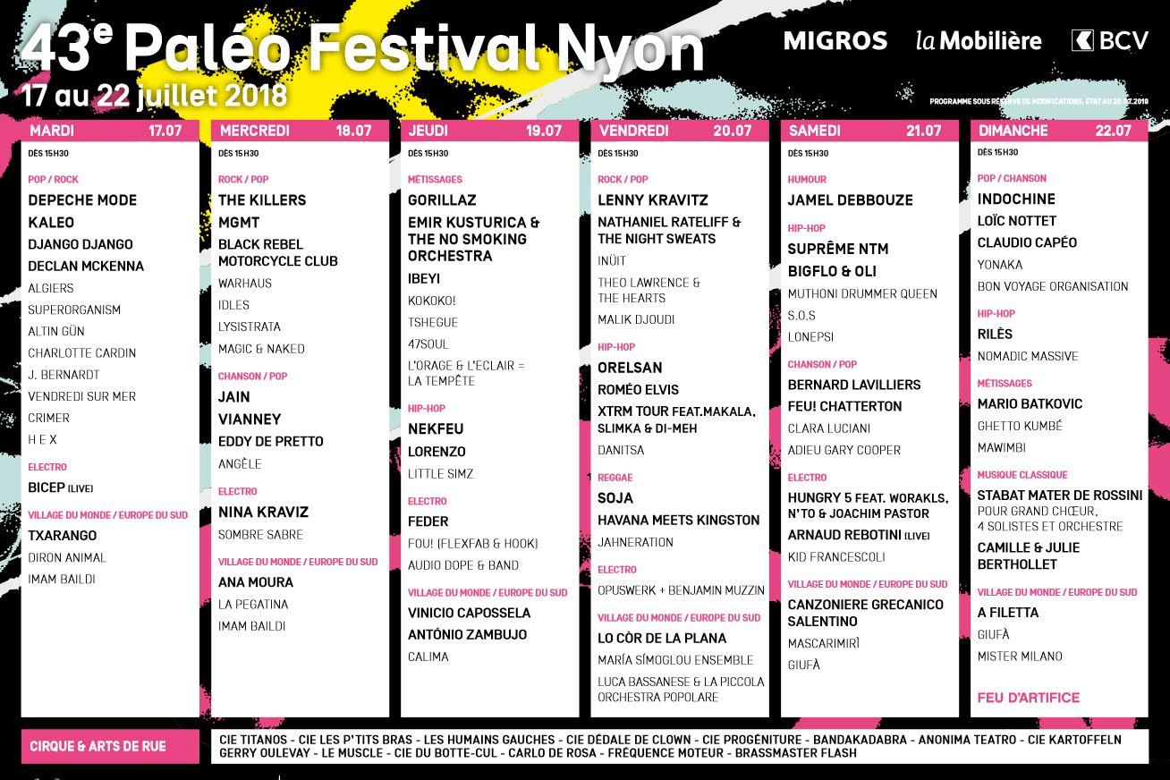 Le programme complet du Paléo Festival 2018 à Nyon. [www.paleo.ch]