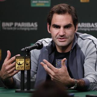 Roger Federer interviewé en marge du tournoi d'Indian Wells en Californie, le 8 mars 2018. [Keystone - John G. Mabanglo]
