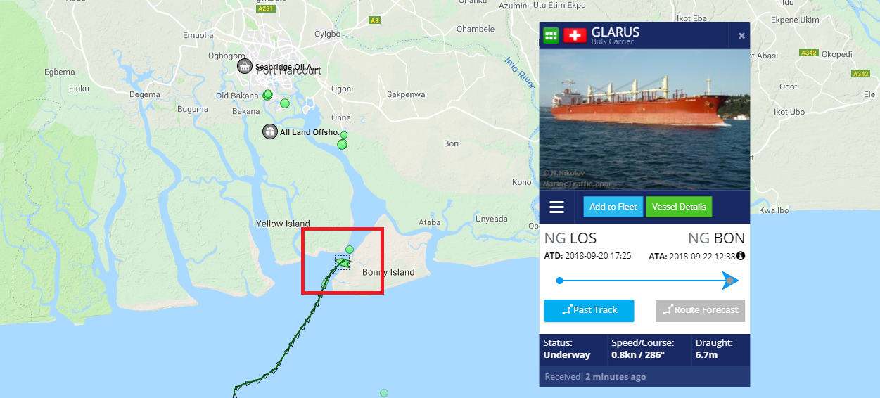 Le Glarus se trouve actuellement au large de l'île de Bonny, au Nigeria. [MarineTraffic]