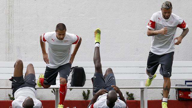 Gelson Fernandes, Gökhan Inler, Johan Djourou et Valon Behrami (de g. à d.) avaient notamment participé à la Coupe du monde 2014 au Brésil. [Keystone - Peter Klaunzer]