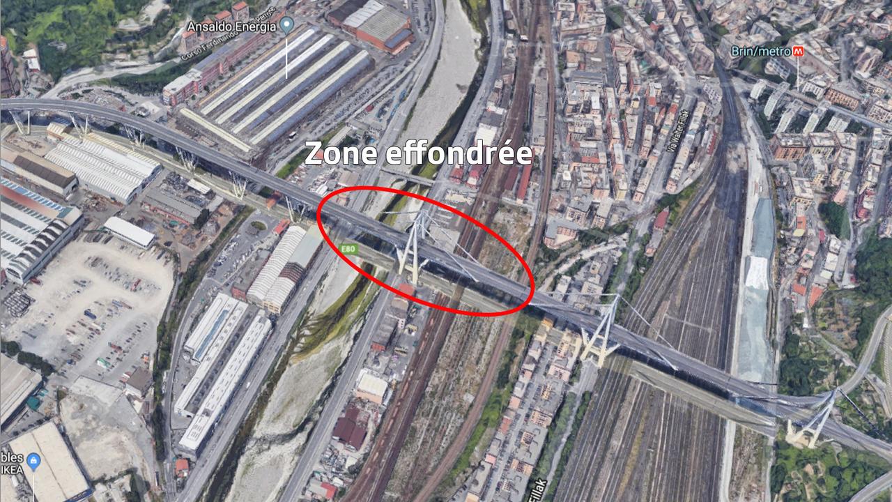 La zone effondrée du pont Morandi. [RTS - Google Maps]