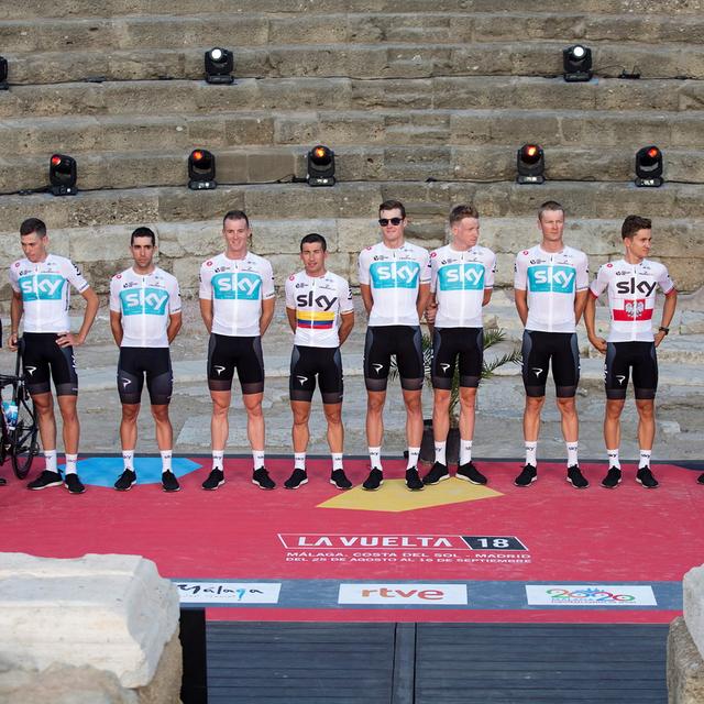 L'équipe Sky lors de la présentation des équipes de la Vuelta, samedi 25 août à Malaga. [Keystone - Daniel Perez - EPA]