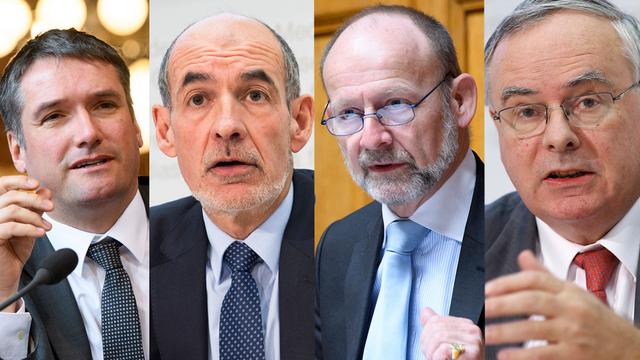 Les "vétérans" de la députation fribourgeoise: Christian Levrat, Jacques Bourgeois, Jean-Francois Rime et Dominique de Buman. [Keystone - Anthony Anex/Peter Klaunzer]