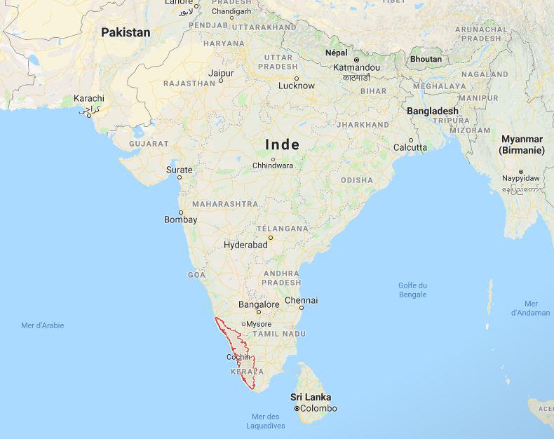 Le Kerala est un État du sud de l'Inde. [Google Maps - Capture d'écran]