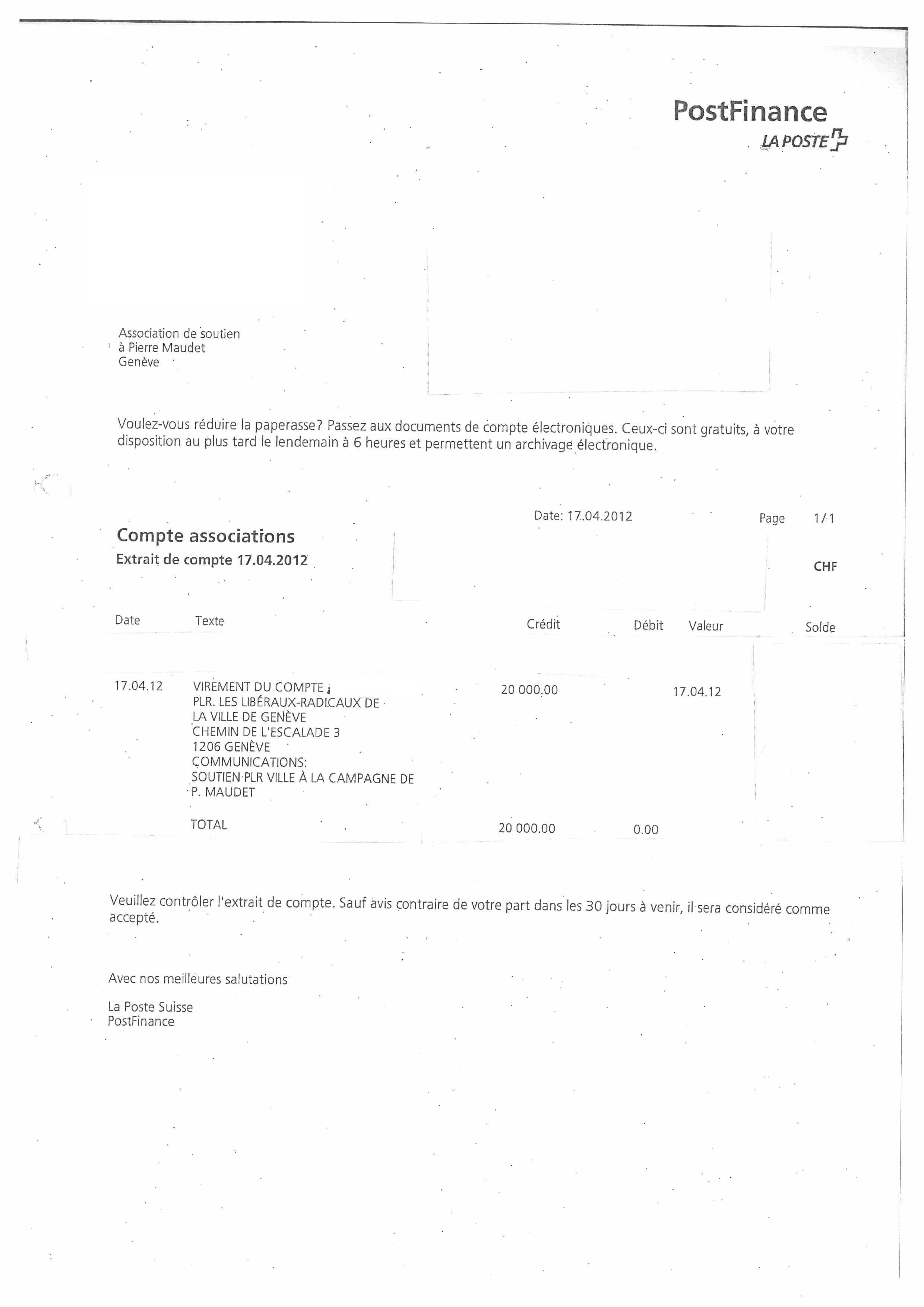 Le 2 avril 2012, le Comité du PLR Ville de Genève verse 20'000 francs. [dr]