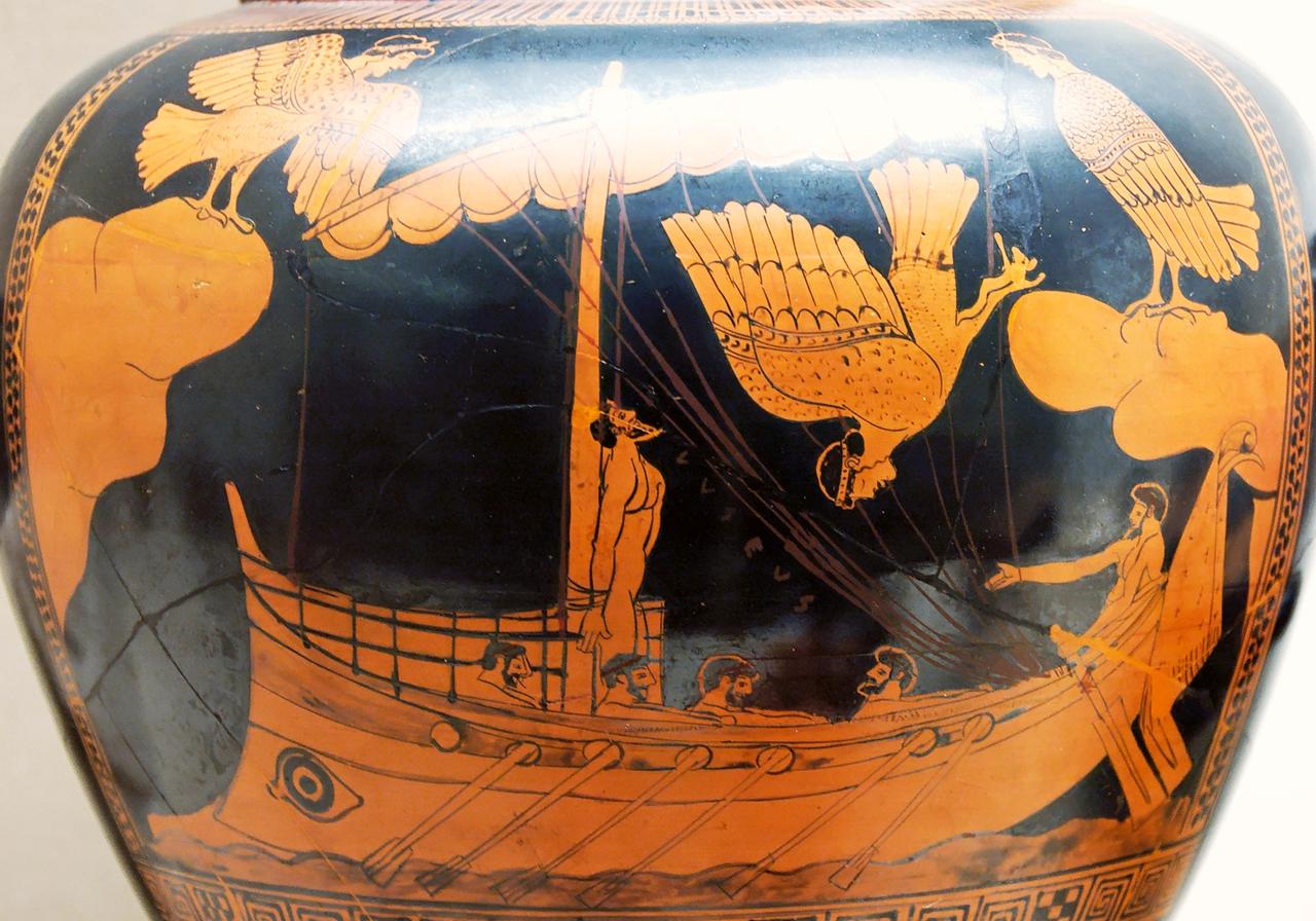 Le bateau découvert est similaire à celui peint sur le vase "Ulysse et les Sirènes", datant de 480-470 avant JC (provenance: Vulci). [Wikimedia Commons - Jastrow (2006)]