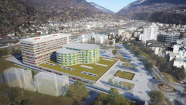 C’est dans ce bâtiment hospitalier à rénover et transformer de Brigue (maquette) que seront transférées les actuelles activités sanitaires viégeoises. [Hôpital du Valais]