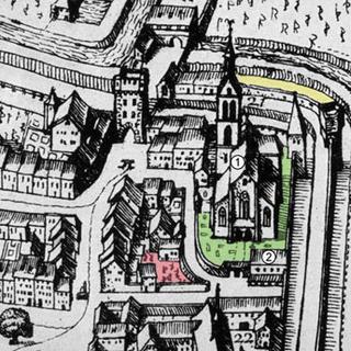 En rose, le vieux cimetière de l'église Saint-Théodore à Bâle, où ont été enterrés quelque 4400 défunts.