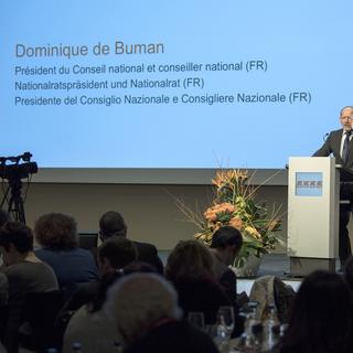 Le président du Conseil national Dominique de Buman, lors de l'assemblée des délégués du PDC, samedi 27 janvier 2018 à Berne. [Keystone - Peter Schneider]