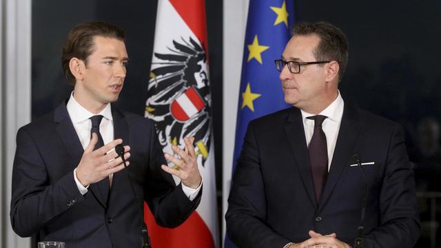 Le nouveau chancellier autrichien Sebastian Kurz (à gauche) et le leader du parti d'extrême-droite Heinz-Christian Strache le 16 décembre 2017 lors de l'annonce de leur coalition pour la formation du nouveau gouvernement. [AP/Keystone - Ronald Zak]