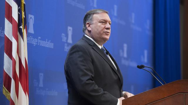 Mike Pompeo, lors de son intervention sur l'accord avec l'Iran, mardi 21 mai 2018 à Washington. [EPA - MICHAEL REYNOLDS]