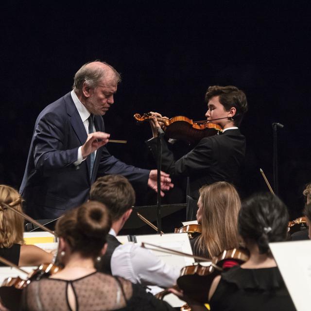 Le chef d'orchestre Valery Gergiev et le violoniste Daniel Lozakovich lors du concert d'ouverture du Verbier Festival 2018. [Verbier Festival - Nicolas Brodard]