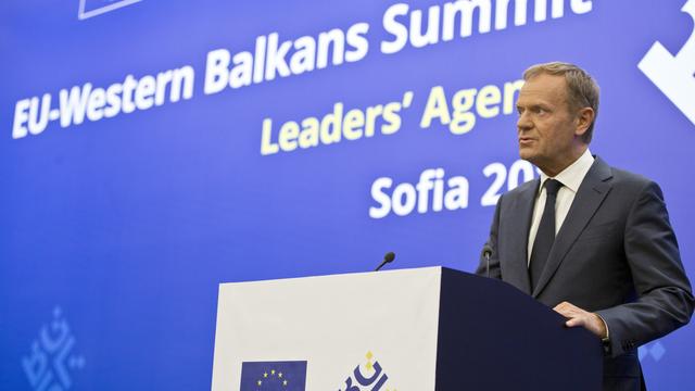 Donald Tusk devant la presse à Sofia, ce mercredi 16 mai 2018. [AP Photo - Virginia Mayo]