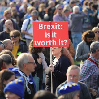 "Brexit: est-ce que cela en vaut la peine?", peut-on lire sur une pancarte lors de la marche organisée samedi à Londres. [EPA - Vickie Flores]