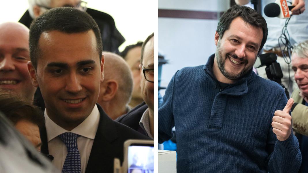 Luigi Di Maio, chef du Mouvement 5 étoiles, et Matteo Salvini de la Ligue, sortent grands vainqueurs des élections législatives en Italie. [AFP - salvatore esposito / BRAZIL PHOTO PRESS et Piero CRUCIATTI]