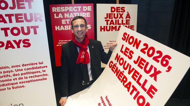 Frédéric Favre au lancement de la campagne de votation valaisanne, 06.02.2018. [Keystone - Olivier Maire]