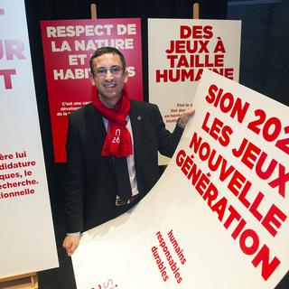 Frédéric Favre au lancement de la campagne de votation valaisanne, 06.02.2018. [Keystone - Olivier Maire]