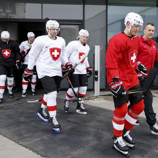 L'équipe de Suisse de hockey sur glace à la Royal Arena de Copenhague, vendredi 4 mai. [Keystone - Salvatore Di Nolfi]