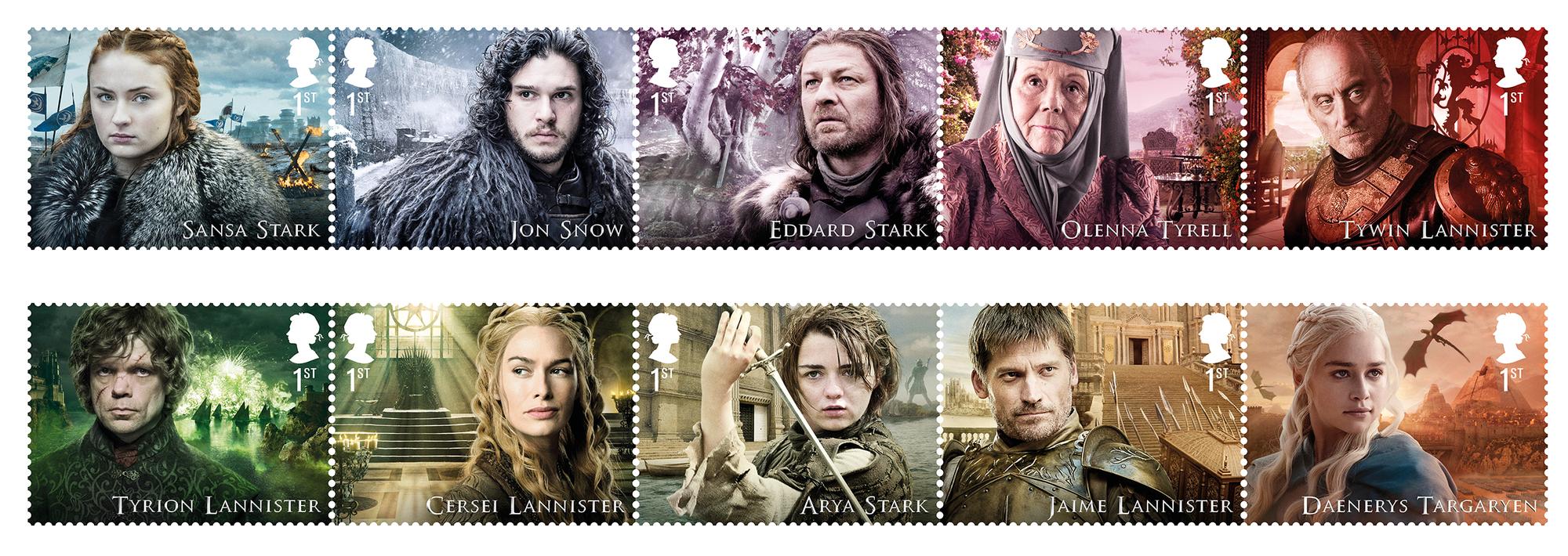 Une photographie fournie le 4 janvier 2018 par le Royal Mail montre une série de timbres à l'effigie de personnages de la série HBO "Game of Thrones". [ROYAL MAIL/HBO/AFP - HANDOUT]
