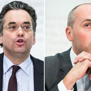 Les conseillers nationaux Olivier Feller (PLR/VD) et Manfred Bühler (UDC/BE). [Keystone - Dominic Steinmann et Anthony Anex]