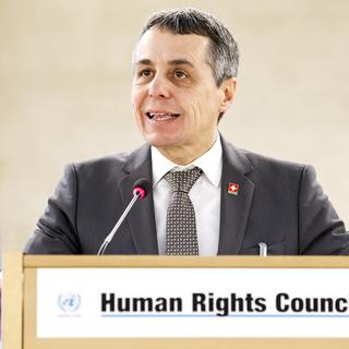 Ignazio Cassis lundi devant le Conseil des droits de l'homme de l'ONU à Genève. [Keystone - Salvatore Di Nolfi]